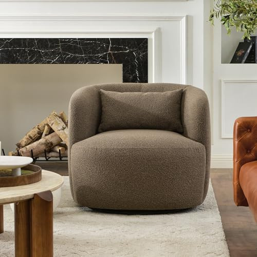 KINWELL 34" W Boucle Swivel Barrel Chair with Toss Pillow, Teddy Brown | Amazon (US)