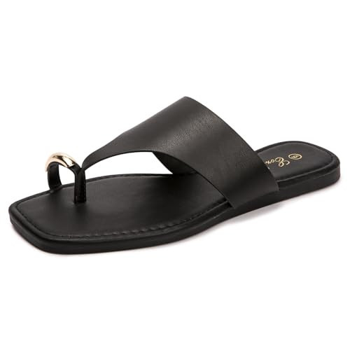 Eozlink Women's Slide Sandals Ring Toe Flat Sandals Slip On Sandals Open Toe Flip Flop Thong Sandals Casual Summer Beach Sandals (Black, US 11) | Amazon (US)
