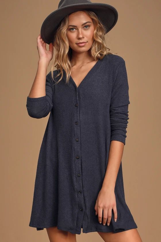 Sweet Comfort Heather Navy Blue Button-Up Sweater Dress | Lulus (US)