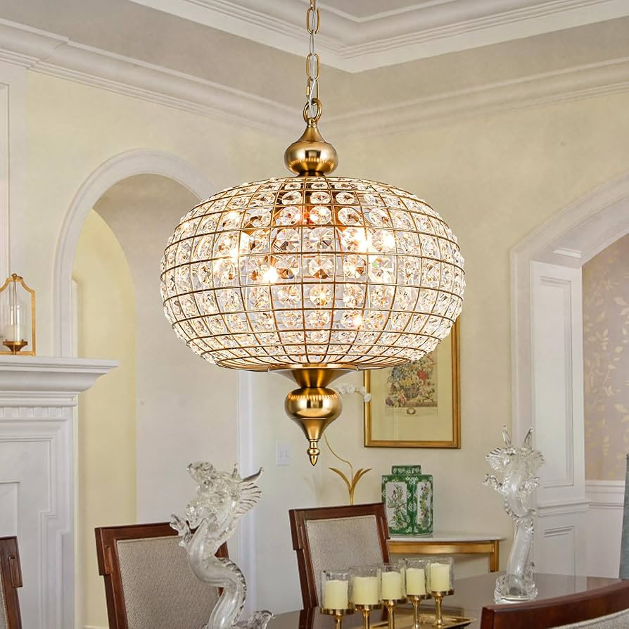 Gold Crystal Chandelier, 16.5" Modern 4-Light Round Crystal Pendant Light Antique Globe Foyer Cha... | Amazon (US)