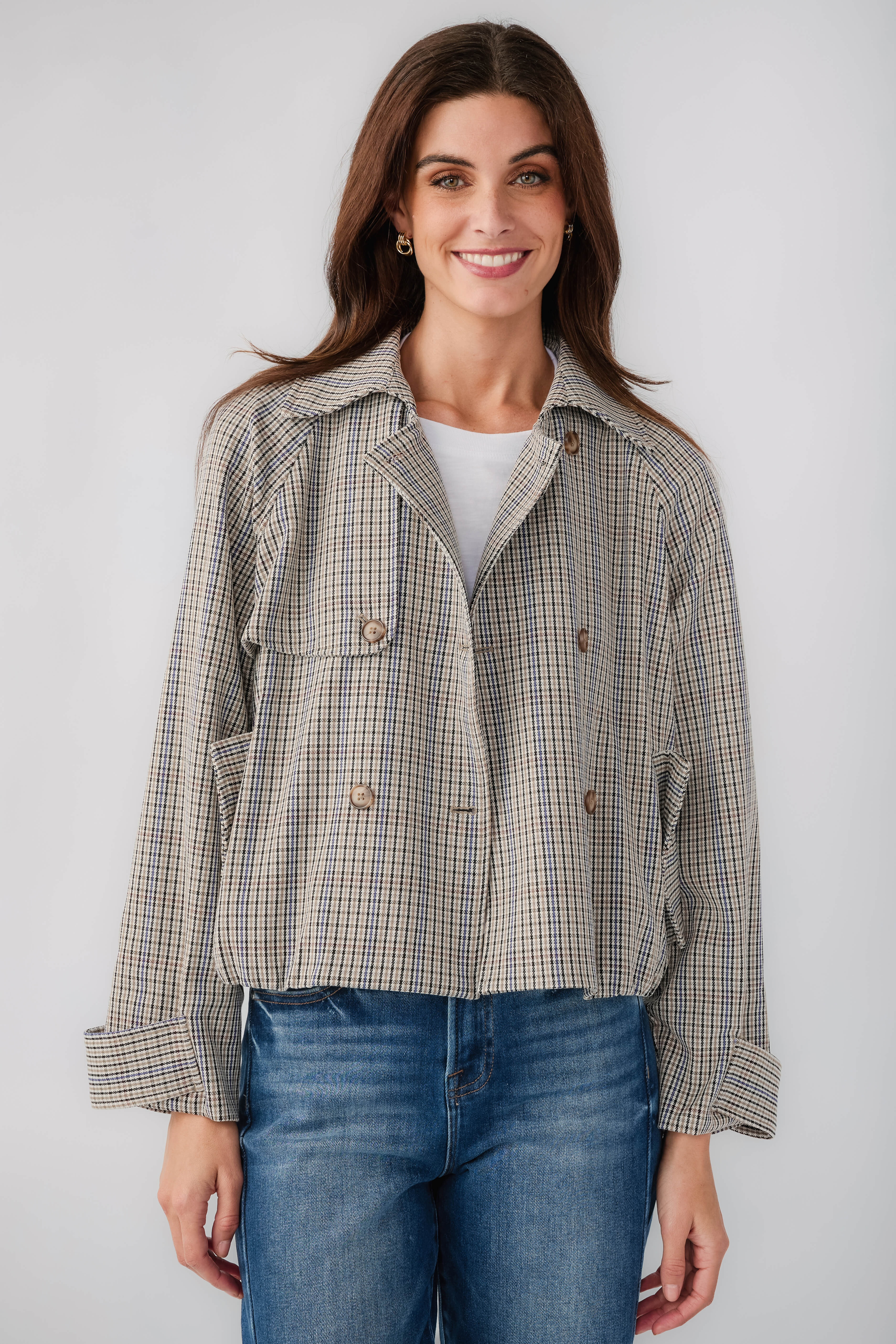 Current Air Plaid Cropped Trench Jacket | Social Threads