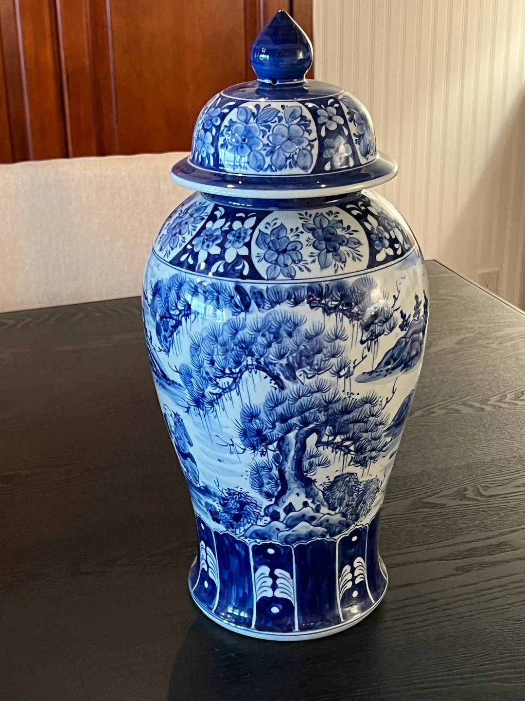Vintage Blue & White Asian Temple Jar Ginger Jar W/lid 18 1/2” Tall With Bonsai Trees and Mount... | Etsy (US)