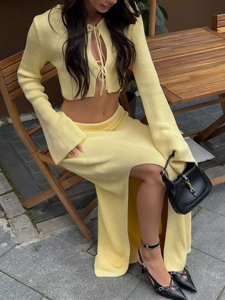 SHEIN SXY 2 stuks dames effen kleur lange mouwen strik voorkant top & split zoom rok set, herfst ... | SHEIN