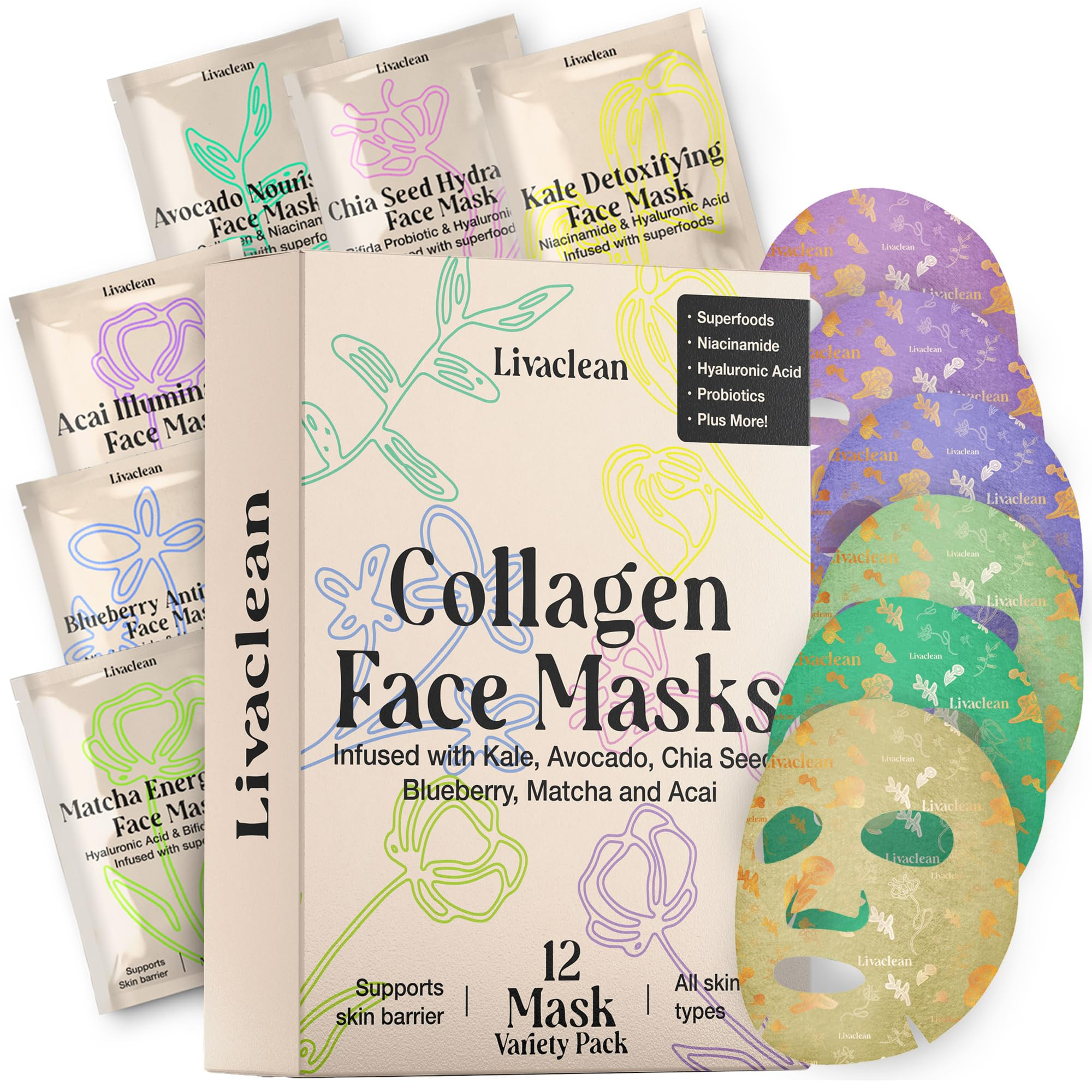 LivaClean 12 CT Face Masks Skincare - Collagen Sheet Mask - Hydrating Face Masks Bulk with Glycer... | Amazon (US)