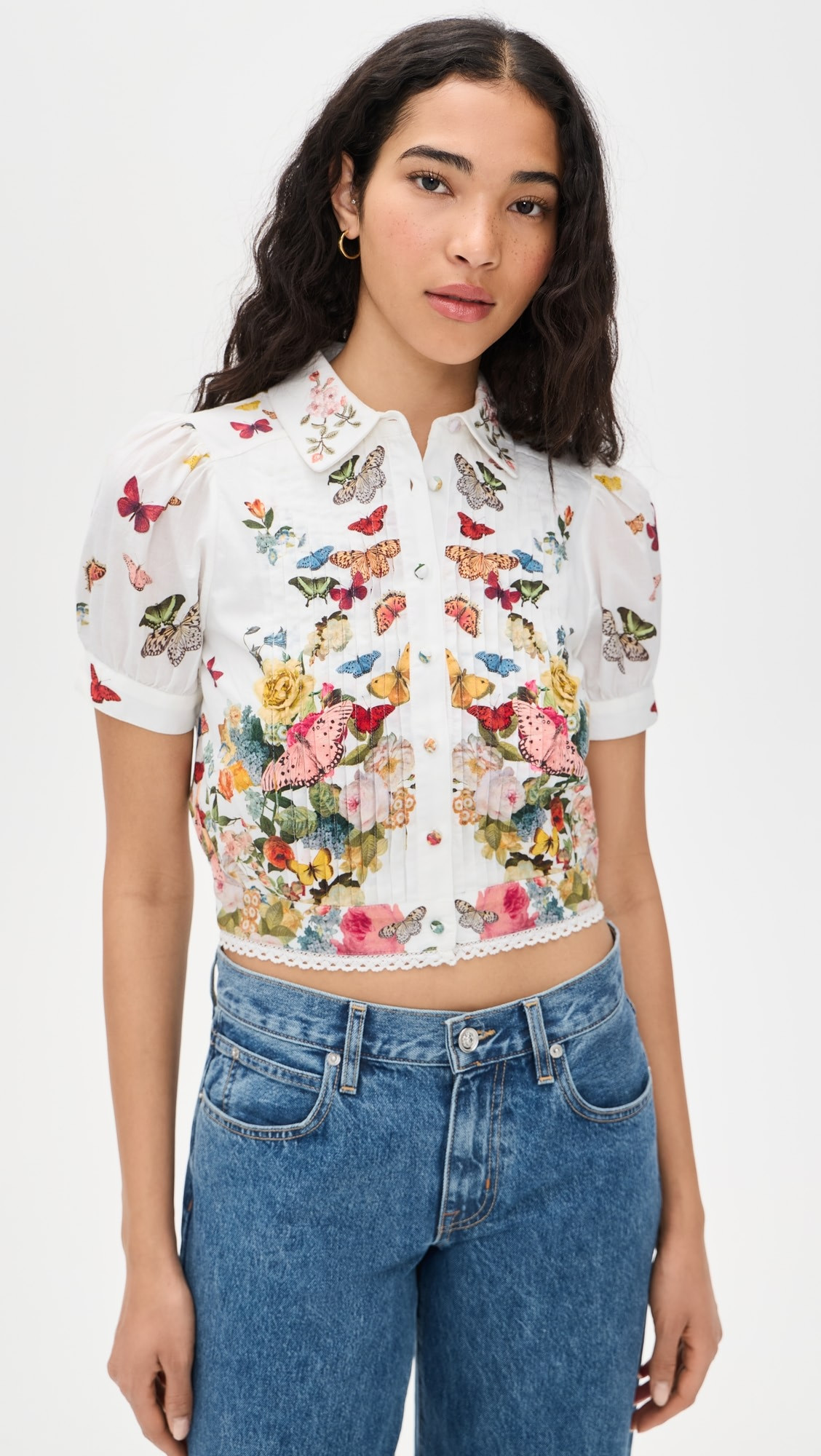 Rosie Embroidered Puff Sleeve Cropped Button Down Blouse | Shopbop