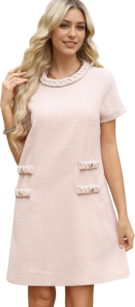 Women's Tweed Dress Short Sleeve Crew Neck A-line Party Vintage Mini Skirt Causal Dresses | Amazon (US)