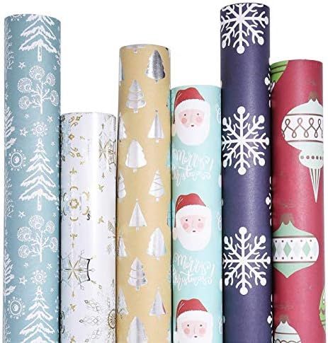 UNIQOOO 6 Festive Designs Christmas Wrapping Paper Precut Sheets, Each 39.4 x17 Inch- Blue Silver... | Amazon (US)