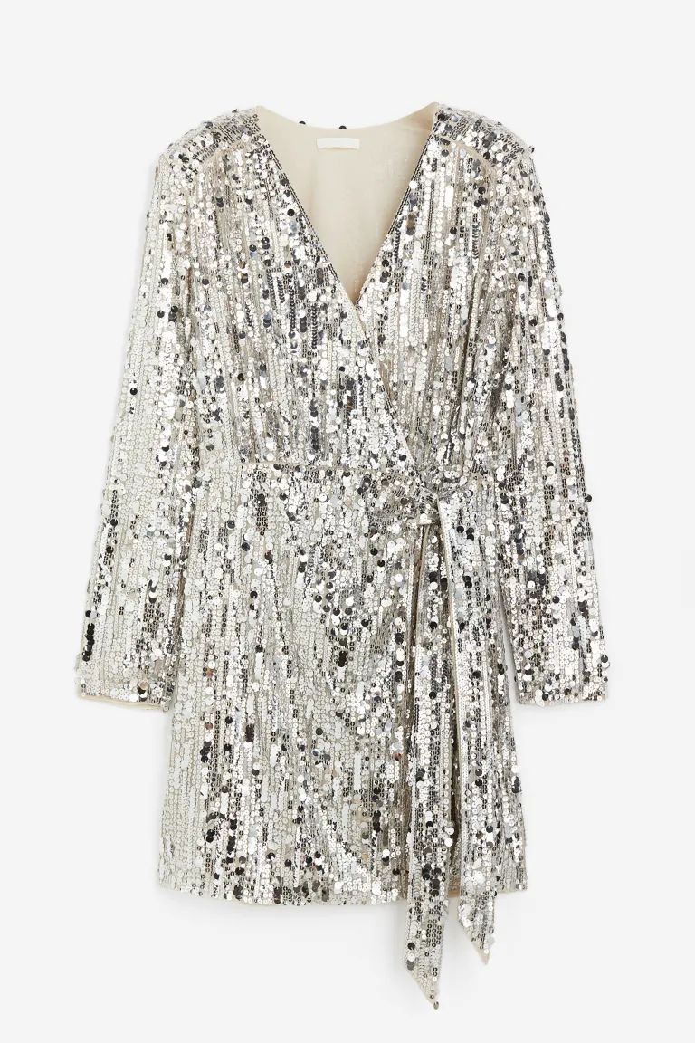 Sequined Wrap Dress - Light beige/silver-colored - Ladies | H&M US | H&M (US + CA)