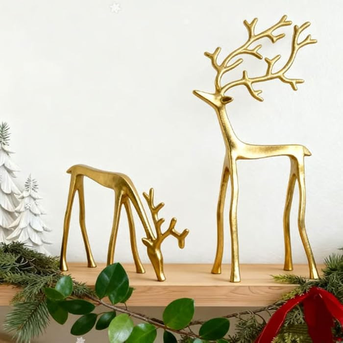 Golden Reindeer Statue - Small Alloy Deer Sculpture Christmas Figurine - Modern Elegant Holiday D... | Amazon (US)