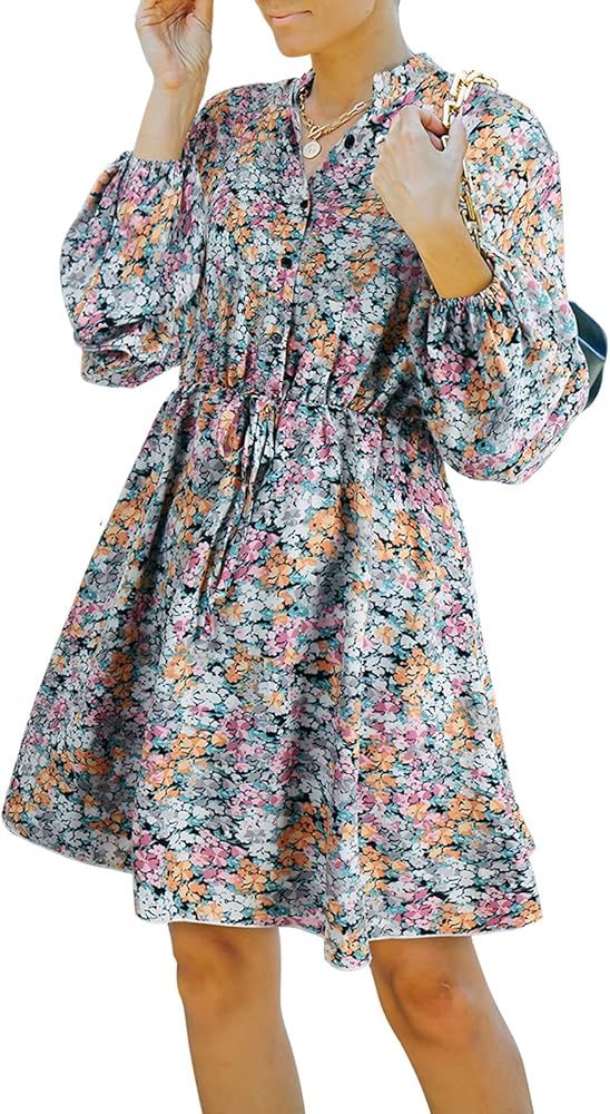 KIRUNDO Women's Casual Long Sleeve Floral Print Mini Dress Button Down V Neck Bohemian Ruffle Cute D | Amazon (US)