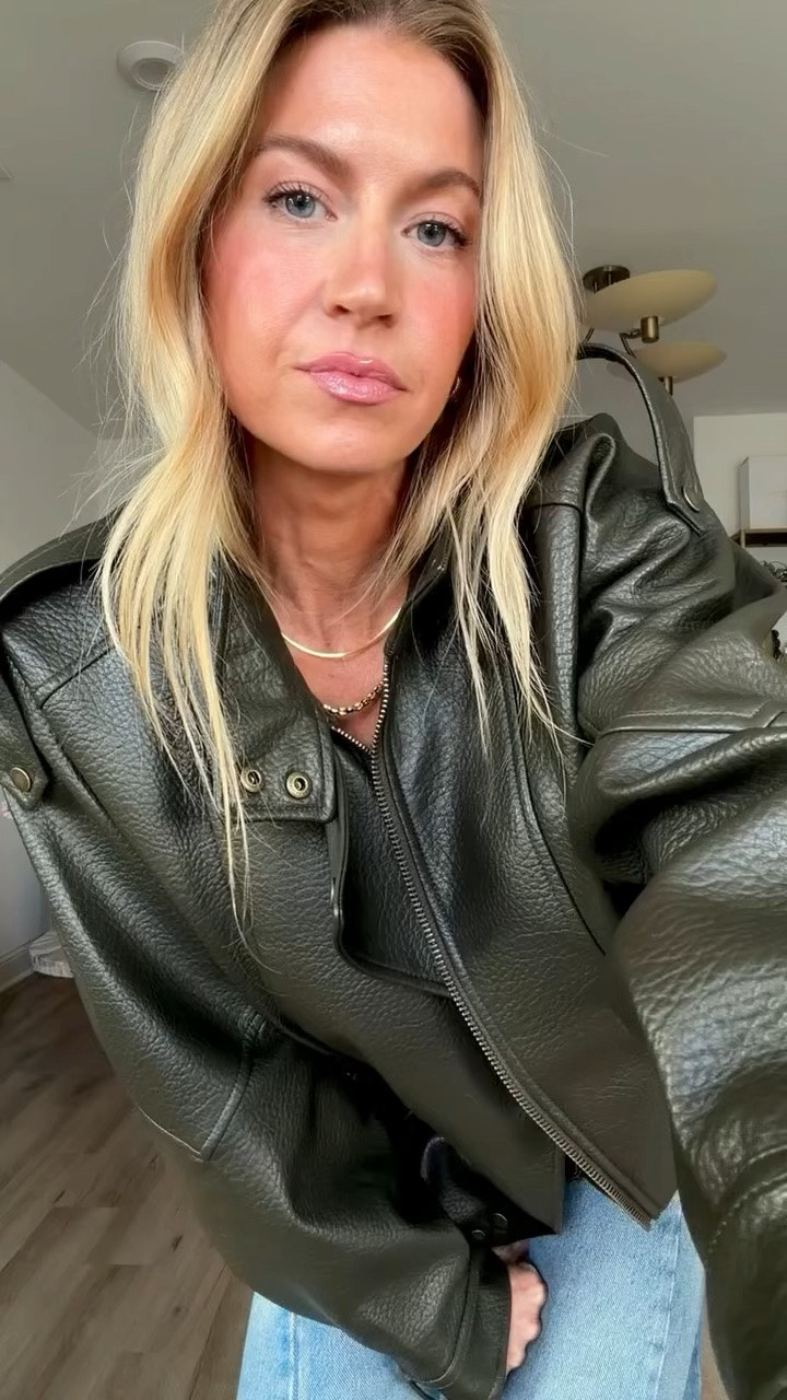 A Picky Girl Faux Leather Bomber - absolutely incredible and these shades won’t last long. Size up - runs quite small. Im wearing a Med. 

Favorite shades:
Moss Brown
Muted Navy
Grey Brown
Espresso 

Grey tank: TTS, wearing XS long length
Jeans: run small, size up, wearing 26

#LTKootd #LTKgrwm #LTKSeasonal