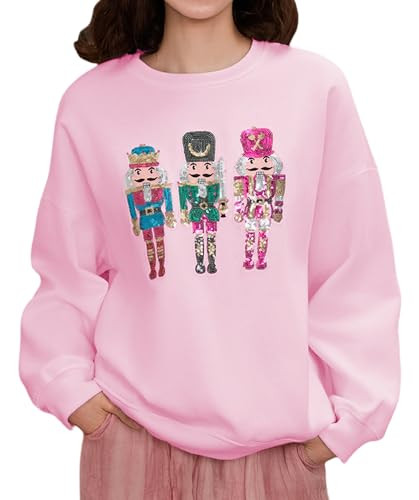 KMBANGI Women Christmas Nutcracker Sweatshirt Sequin Sparkly Holiday Funny Graphic Pullover Top Oversized Crew Neck Long Sleeve Sweatshirts(Three Sequined Pink,M) | Amazon (US)
