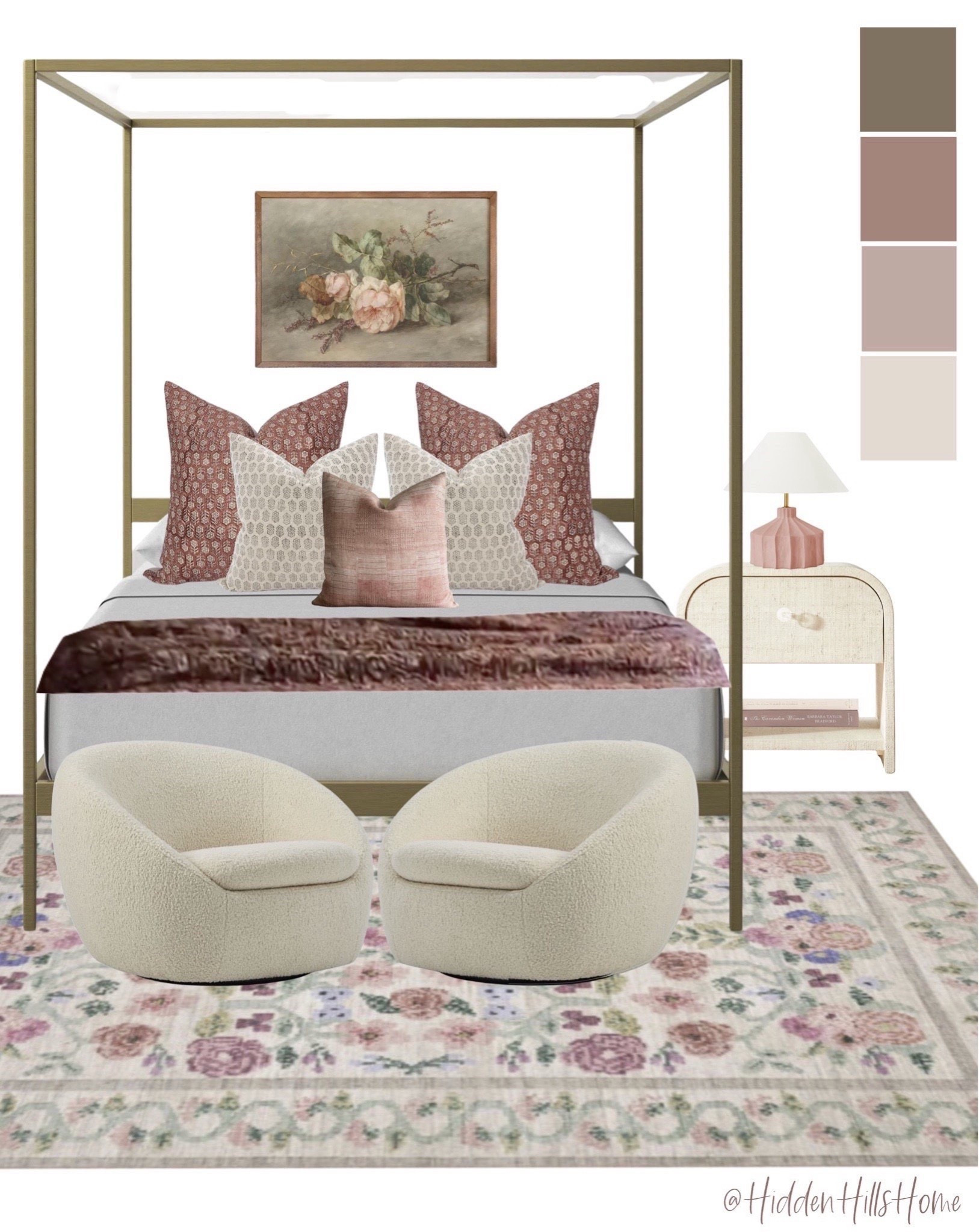 Teen girls bedroom mood board, canopy bed, nightstand, rug, swivel chairs, floral artwork #canopy #teen 



#LTKKids #LTKHome #LTKSaleAlert