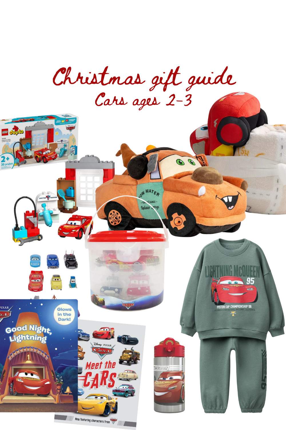 Find the best Disney Pixar Cars gifts for toddlers ages 2 to 3. From cozy Lightning McQueen sweatsuits and plush toys to Duplo building sets, storybooks, and water bottles, these Cars favorites make perfect Christmas gifts for little racers.

 

#LTKGiftGuide #LTKHoliday #LTKKids