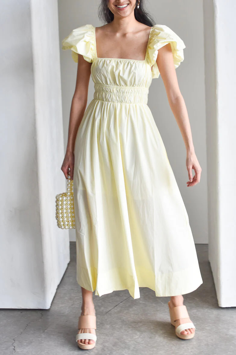 Polly Butter Yellow Puff Sleeve Midi Dress | Confête