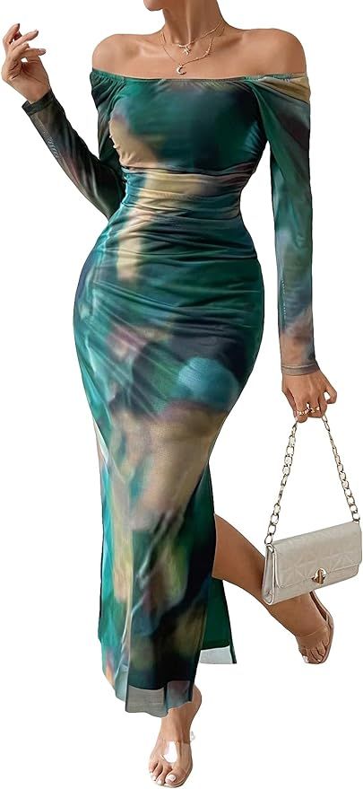 Verdusa Women's Elegant Long Sleeve Dress Tie Dye Off Shoulder Ruched Split Thigh Long Dress | Amazon (US)