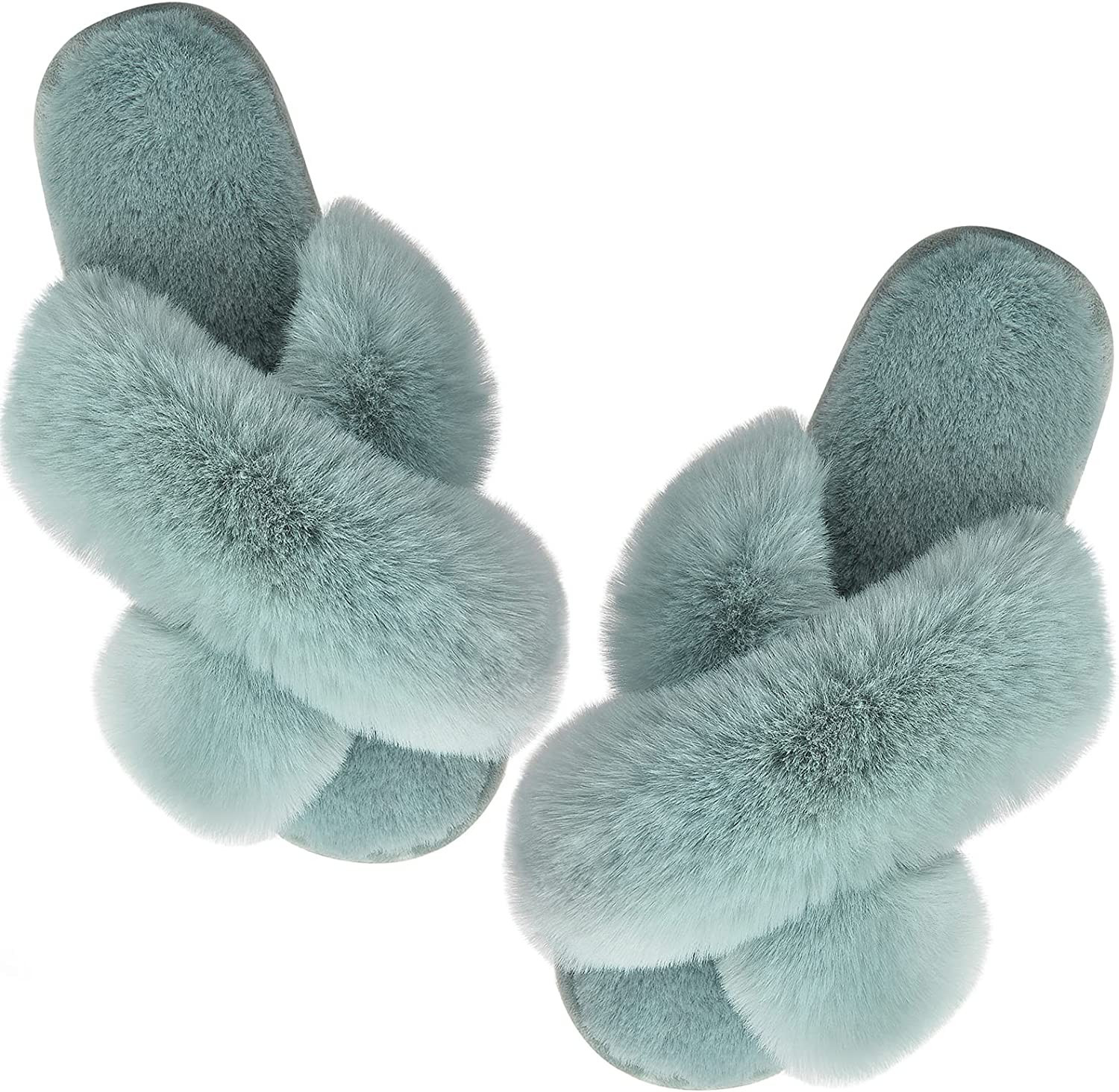 Amazon.com | Women's Cross Band Slippers Soft Plush Furry Cozy Open Toe House Shoes Indoor Outdoo... | Amazon (US)