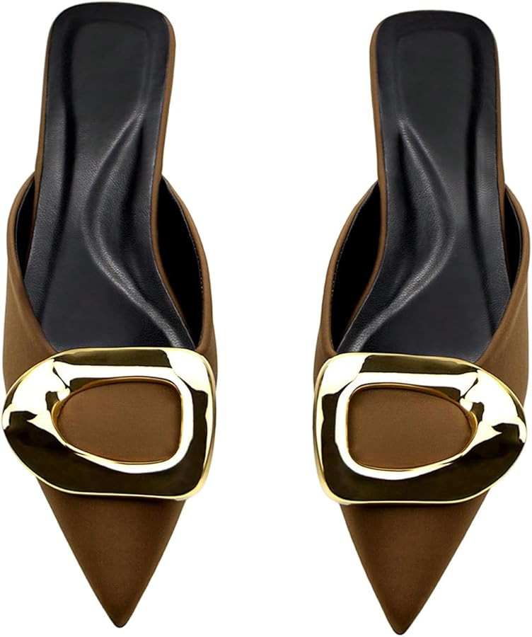 OYOANGLE Women's Metal Decor Flats Pointed Toe Slip On Backless Elegant Mule Shoes | Amazon (US)