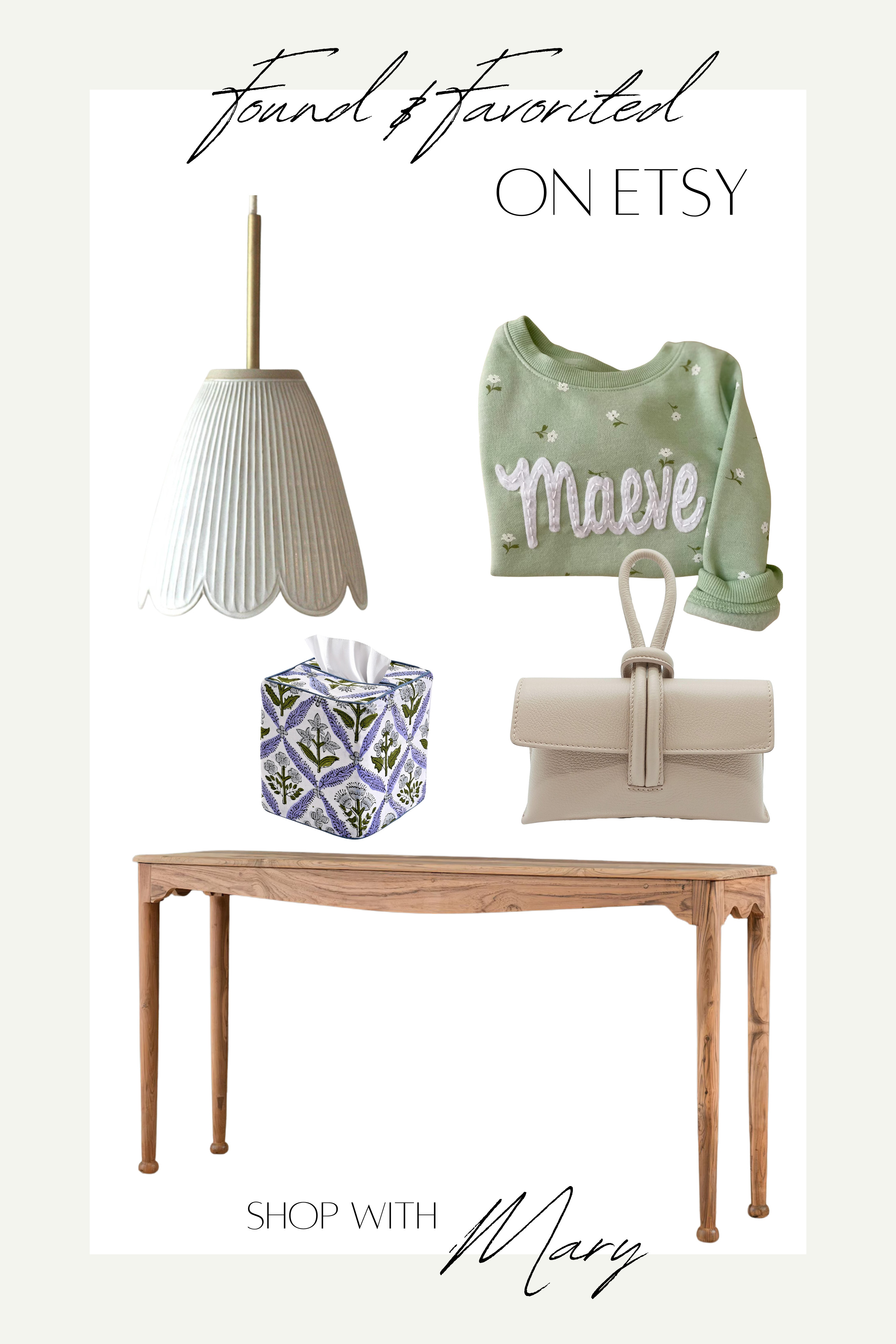 Straight from my favorites this week 🤍 The summer ➝ early fall transition is on my mind and these small business gems feel just right:

✨ Scalloped ceramic pendant — give me ALL the scallops!

🌿 Block print tissue box cover — the sweetest way to elevate a guest or powder room ✨

🪑 Curved console table — reclaimed from teakwood direct from the maker, need I say more?

💚 Personalized kids sweatshirt — just the right amount of cozy for chilly mornings.

🤎 Italian leather crossbody — day-to-night & season-to-season!

Because big style really does come from small businesses 🧡

#FallStyle #EtsyFinds #PreppyDetails #ShopSmall 

 

#LTKSeasonal #LTKHome