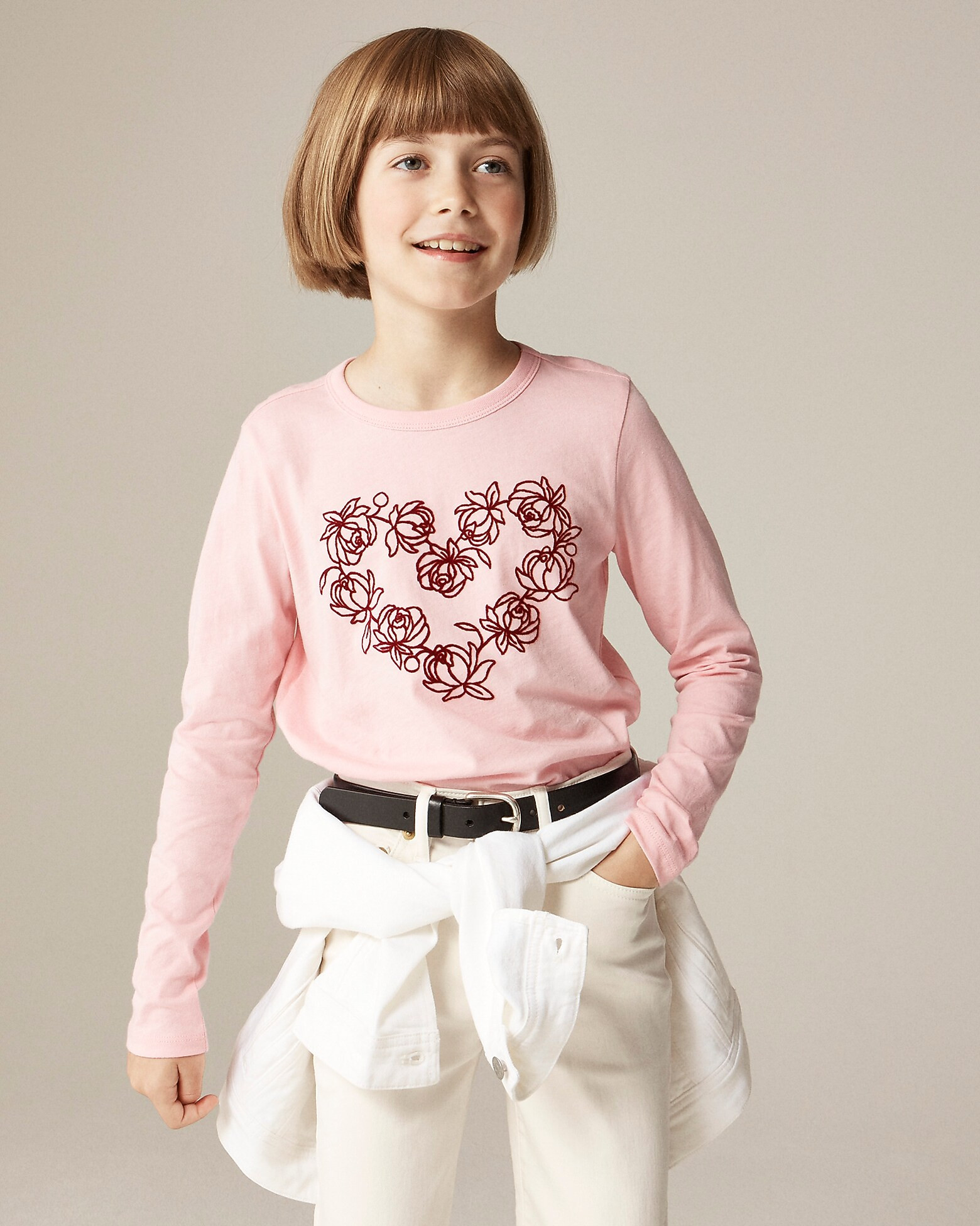 Girls' long-sleeve rosette heart graphic T-shirt with flocking | J. Crew US