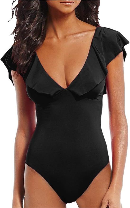 AdoreShe Women's Sexy V-Plunge One-Piece Swimsuit,Studio Solids Ruffle Sleeve Swimwear Bathing Su... | Amazon (US)