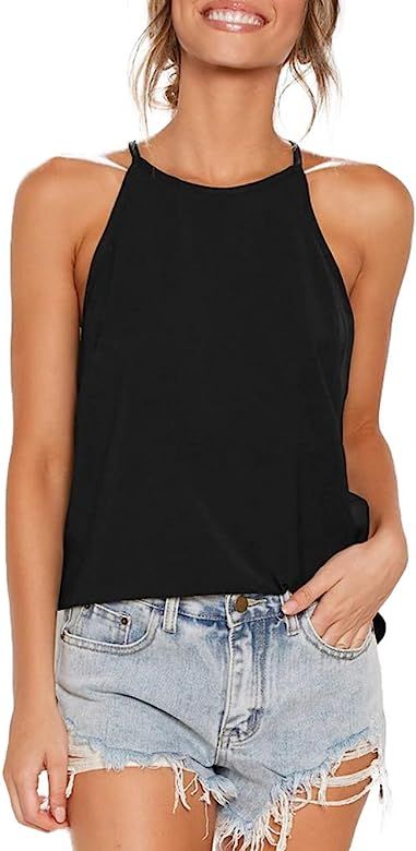 Womens Shirts Sleeveless Summer Beach Halter Neck Tops Casual Basic Tee Shirts Loose Tunic Cami T... | Amazon (US)