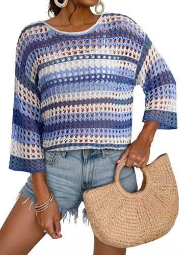 Dokotoo Beach Cover Ups Sweaters for Women Boho Striped Color Block Crochet Hollow Out Spring Summer 3/4 Sleeve Womens Tops Off The Shoulder Sweater Lightweight Blouse Cruise Outfits Blue Medium | Amazon (US)