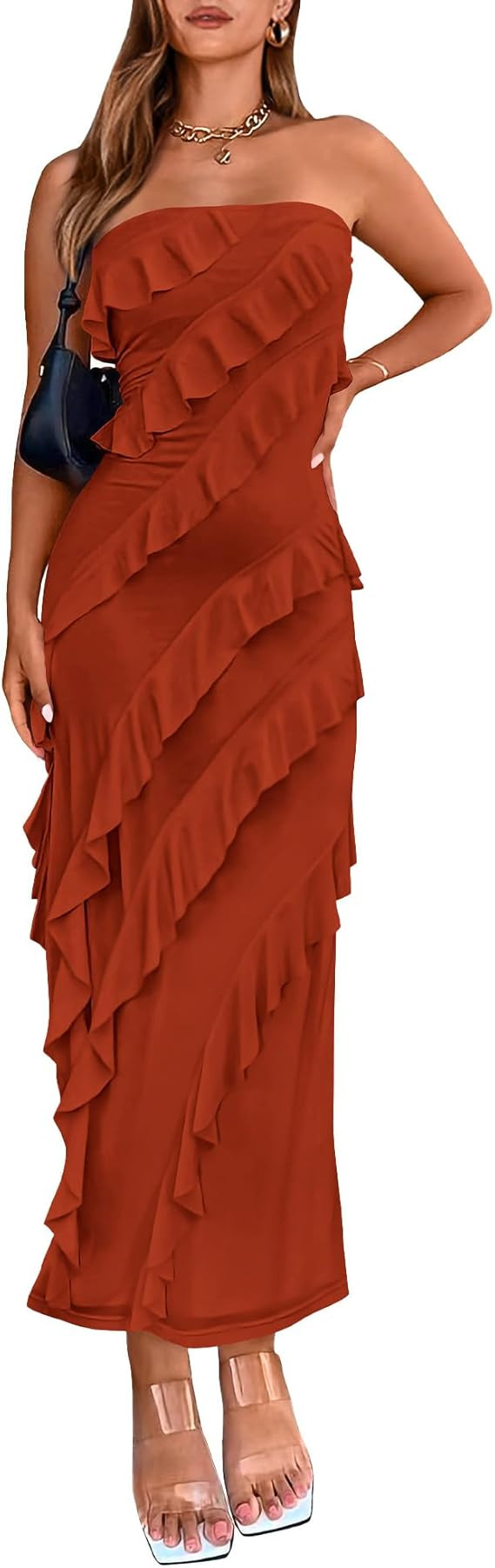 BTFBM Women Summer Elegant Strapless Midi Ruched Bodycon Dress Solid Color Stretch Mesh Slim Part... | Amazon (US)