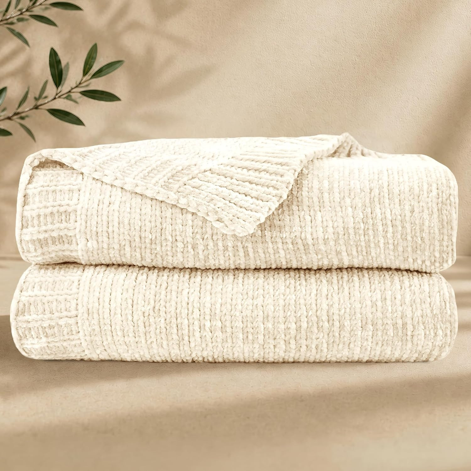 Chenille Throw Blanket for Couch, Cozy Soft Blanket Lightweight Decorative Throw for Living Room Sofa Chair, Stylish Home Decor, Ideal for Gifting, Ivory 50"x60" | Amazon (US)