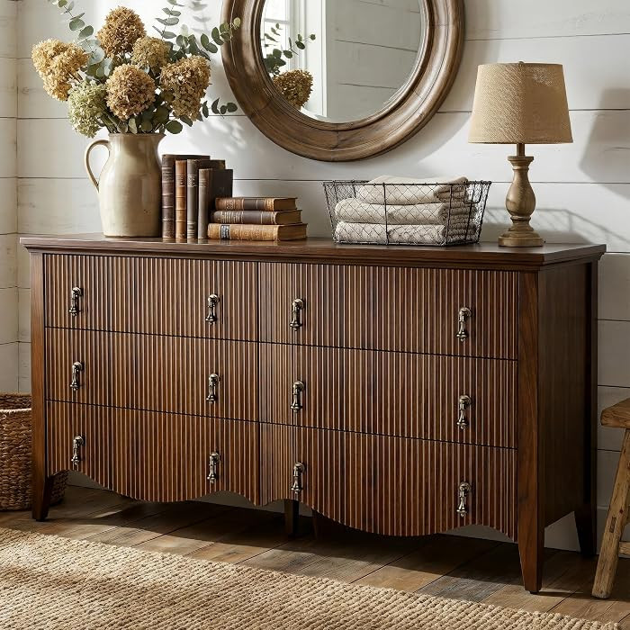 FUSUNBAO 6 Drawer Dresser for Bedroom, Wide Double Dresser with Fluted Design, Vintage Dark Walnu... | Amazon (US)