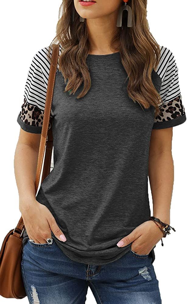 Sieanear Womens T Shirts Short Sleeve Striped Color Block Leopard Casual Tops | Amazon (US)