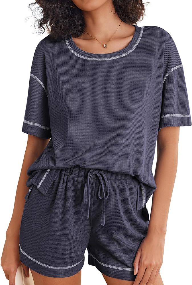 Ekouaer Womens Pajama Sets Waffle Knit Lounge Set Two Piece Loungewear Matching Outfits Set With ... | Amazon (US)