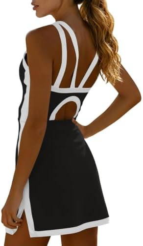 Fisoew Womens Tennis Mini Dress with Built-in Shorts & Bra Open Back Sleeveless Golf Gym Workout ... | Amazon (US)