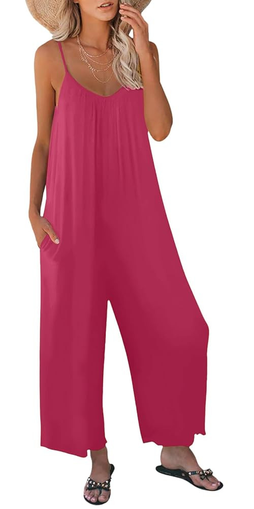 Womens Casual Sleeveless Strap Loose Adjustable Jumpsuits Stretchy Long Pants Romper with Pockets | Amazon (US)