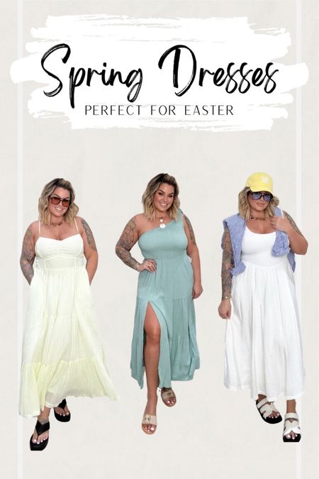 Spring dresses that would be perfect for this time of year 

Yellow dress XL 
Green dress L 
White dress L 
Blue stripe shirt is old linked similar 
Used dibs on my body for a bronze glow. ( code shaynaslife to save you $ ) 
#easterdresses #springdresses #midsize #dresses 

#LTKmidsize #LTKfindsunder100 #LTKbeauty