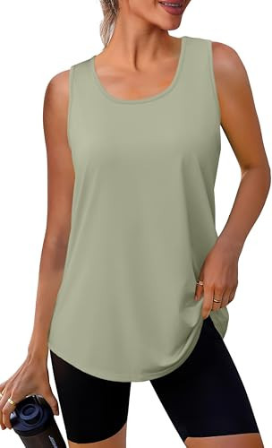 WIHOLL Workout Tops for Women Loose Fit Sleeveless Workout Tops Beach Crew Neck Athletic Running Shirts Gym Clothes Green M | Amazon (US)
