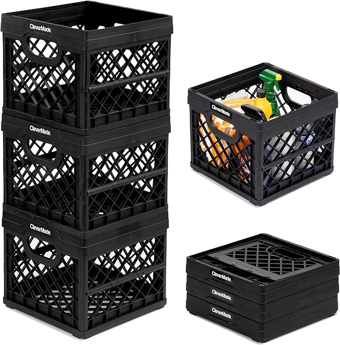 CleverMade Collapsible Milk Crate, Black, 3PK - 25L (6 Gal) Stackable Storage Bins, Holds 50lbs P... | Amazon (US)