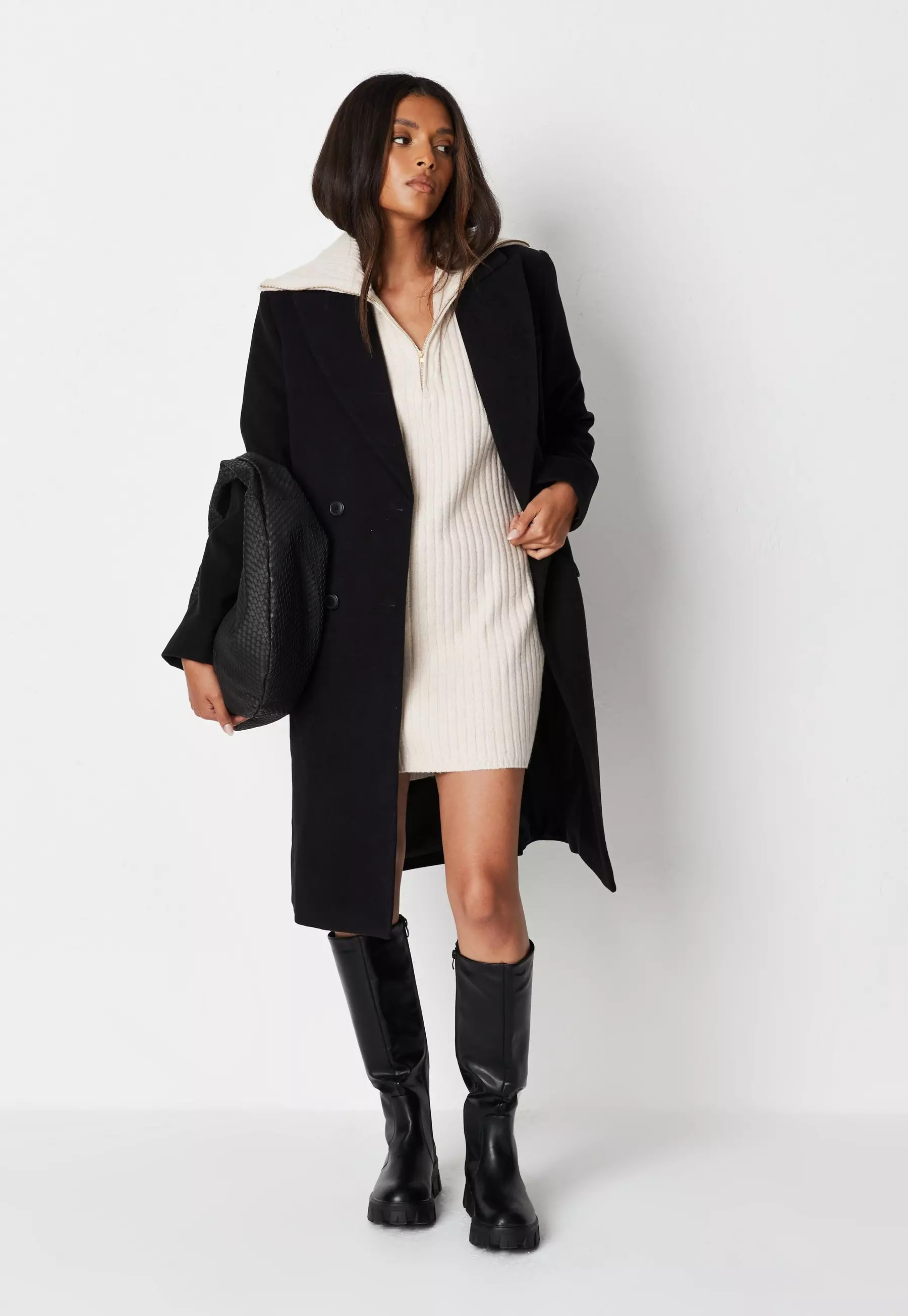 Cream Rib Knit Collared Half Zip Mini Dress | Missguided (US & CA)