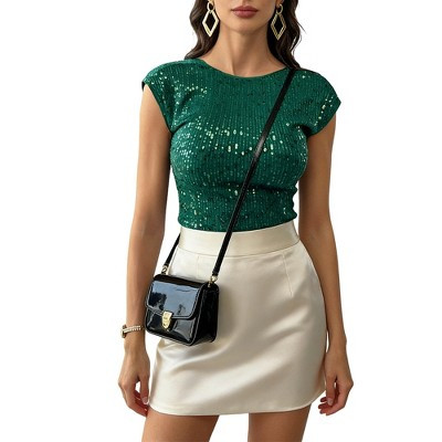 Women's Sequin Embellished Cap Sleeve Crop Top with Low Back, Glittery Form-Fitting Blouse for Party & Night Out Wear Green S | Target