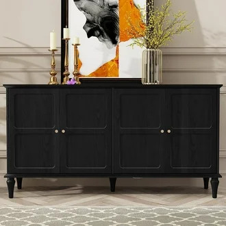 HLR Mid Century 58" Wood 4 Door Sideboard Buffet Cabinet with Storage for Living Dining (Black) | Walmart (US)