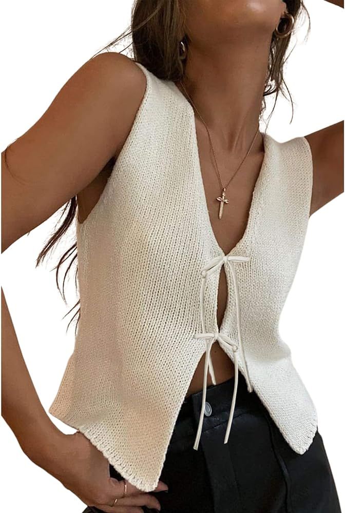 Meihuida Women Vest Top Tie Front Y2k Crochet Knit V Neck Sleeveless Vest Casual Streetwear | Amazon (US)