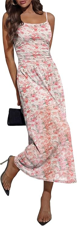 Caracilia Womens Summer Midi Dress Mesh Floral Spaghetti Strap Ruched Cocktail Party Wedding Gues... | Amazon (US)