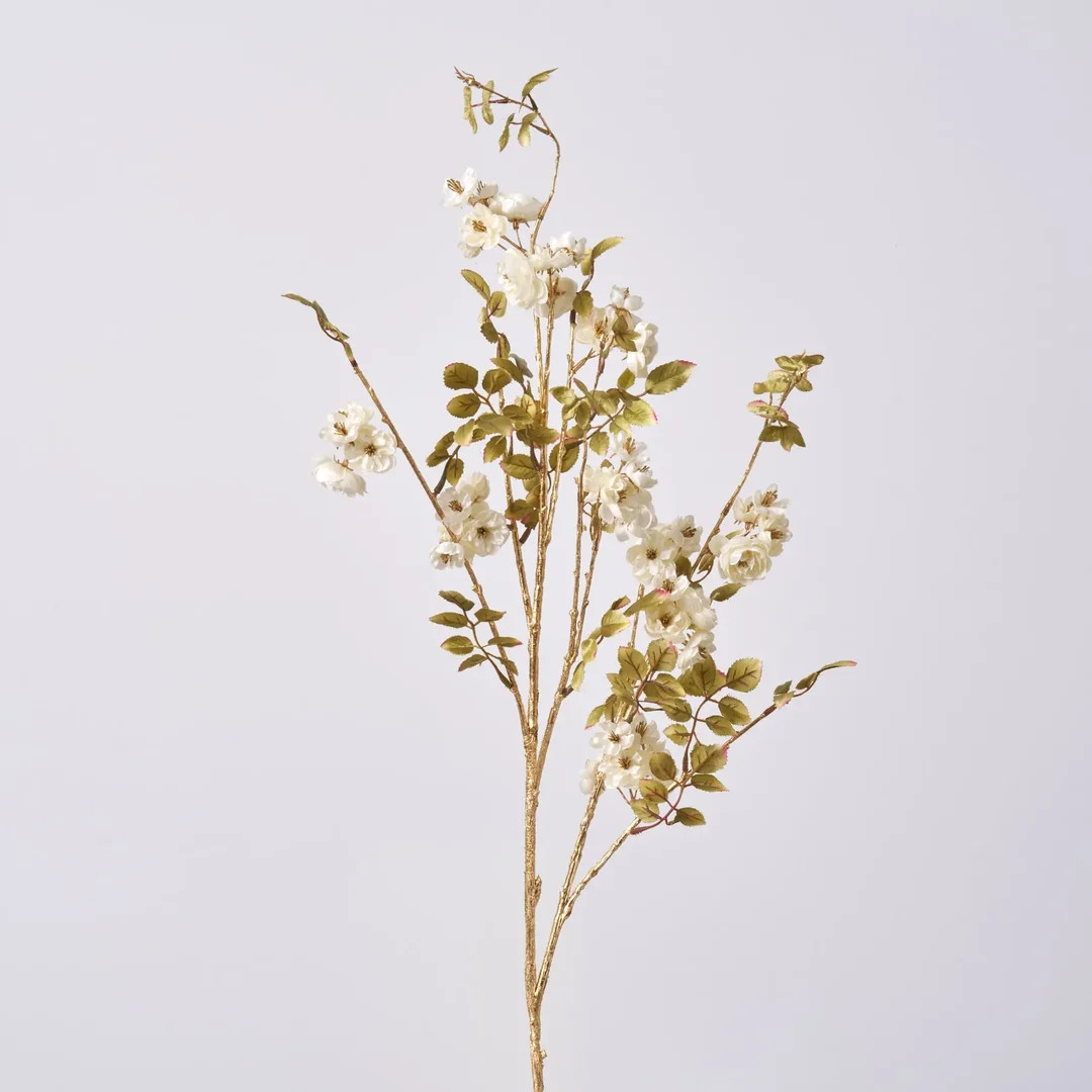 White Faux Mini Rose Blossom on Gold Branch Single Long Stem Floral Spray - 40" | Darby Creek Trading