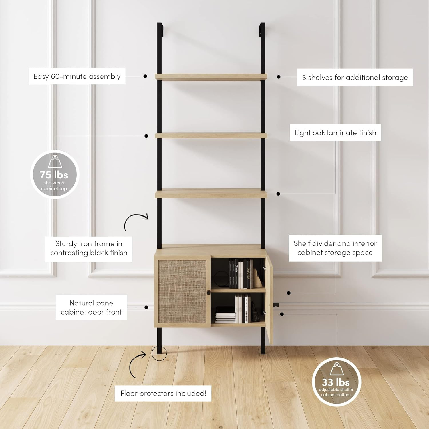 Nathan James Theo Ladder 3 tier Open Bookshelf with Rattan Drawers and Matte Steel Frame, Light O... | Amazon (US)