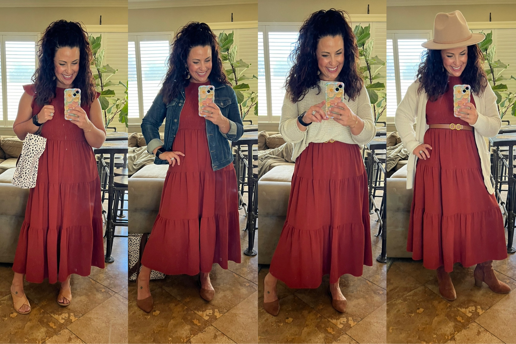 One dress 4️⃣ ways! 
Wearing a small in this smocked, flutter sleeve dress. It’s perfect for now and later. 

Fall dress
Teacher outfit
Fall outfit
Petite style 

#LTKOver40 #LTKStyleTip #LTKWorkwear