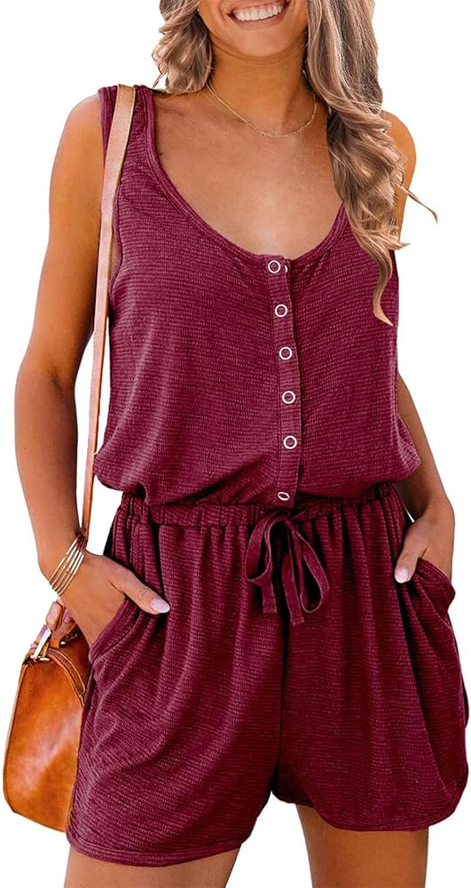 PRETTYGARDEN Women's Summer Casual Shorts Jumpsuit Plain Scoop Neck Button Down Sleeveless Tank T... | Amazon (US)