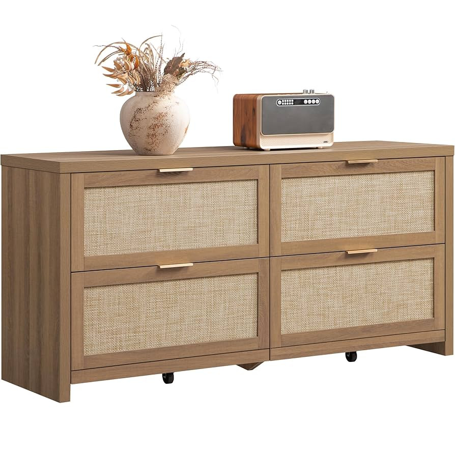 SICOTAS 60.8" Dresser for Bedroom, Rattan Boho Dresser with 4 Deep Drawers, Large Chest of Drawer... | Amazon (US)
