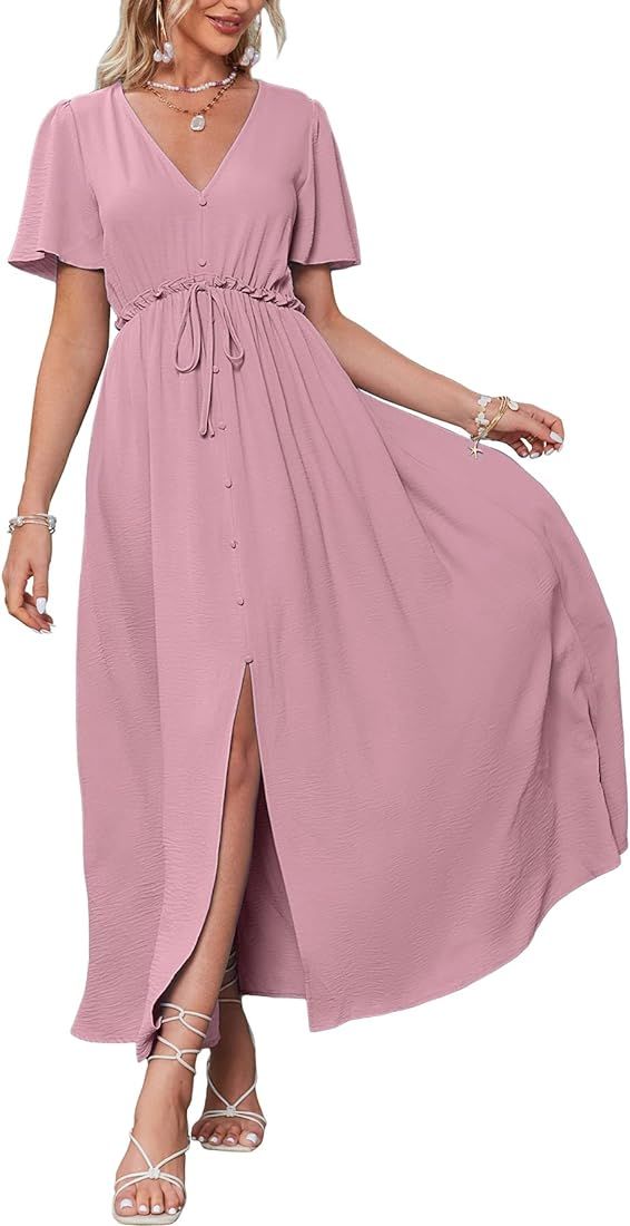 BerryGo Women's Casual Short Sleeve V Neck Flowy Maxi Dress Tie Waist Solid Boho Flutter Long Coc... | Amazon (US)