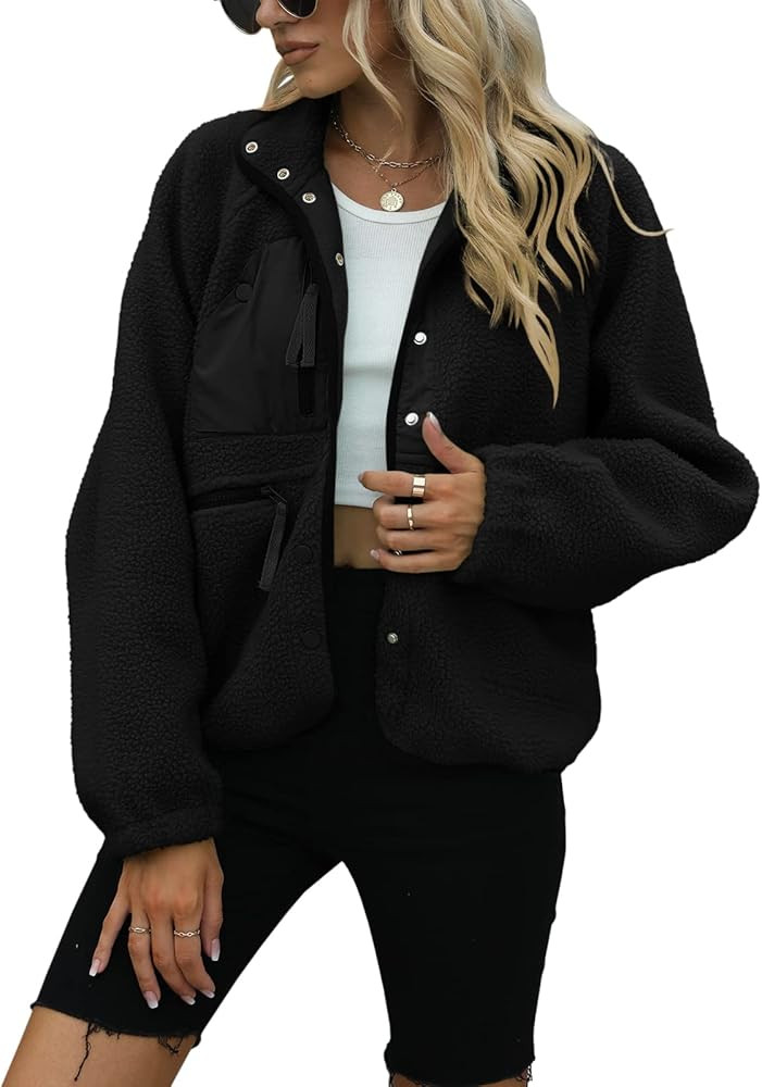 Yanekop Womens Fleece Jacket Fuzzy Long Sleeve Short Coats Button Down Sherpa Outerwear with Pockets | Amazon (US)