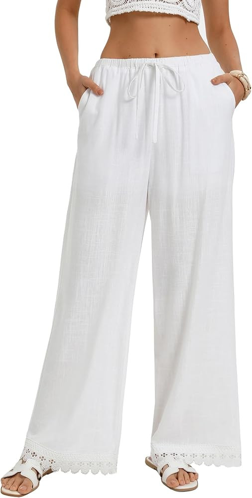 GRACE KARIN Women Linen Pants Wide Leg Casual Palazzo Pants Flowy Beach Summer Trousers Pants wit... | Amazon (US)